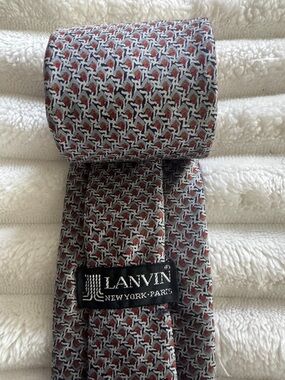 Vintage Lanvin Men's Silk Tie in Red, Gray and Black Geometric Print
